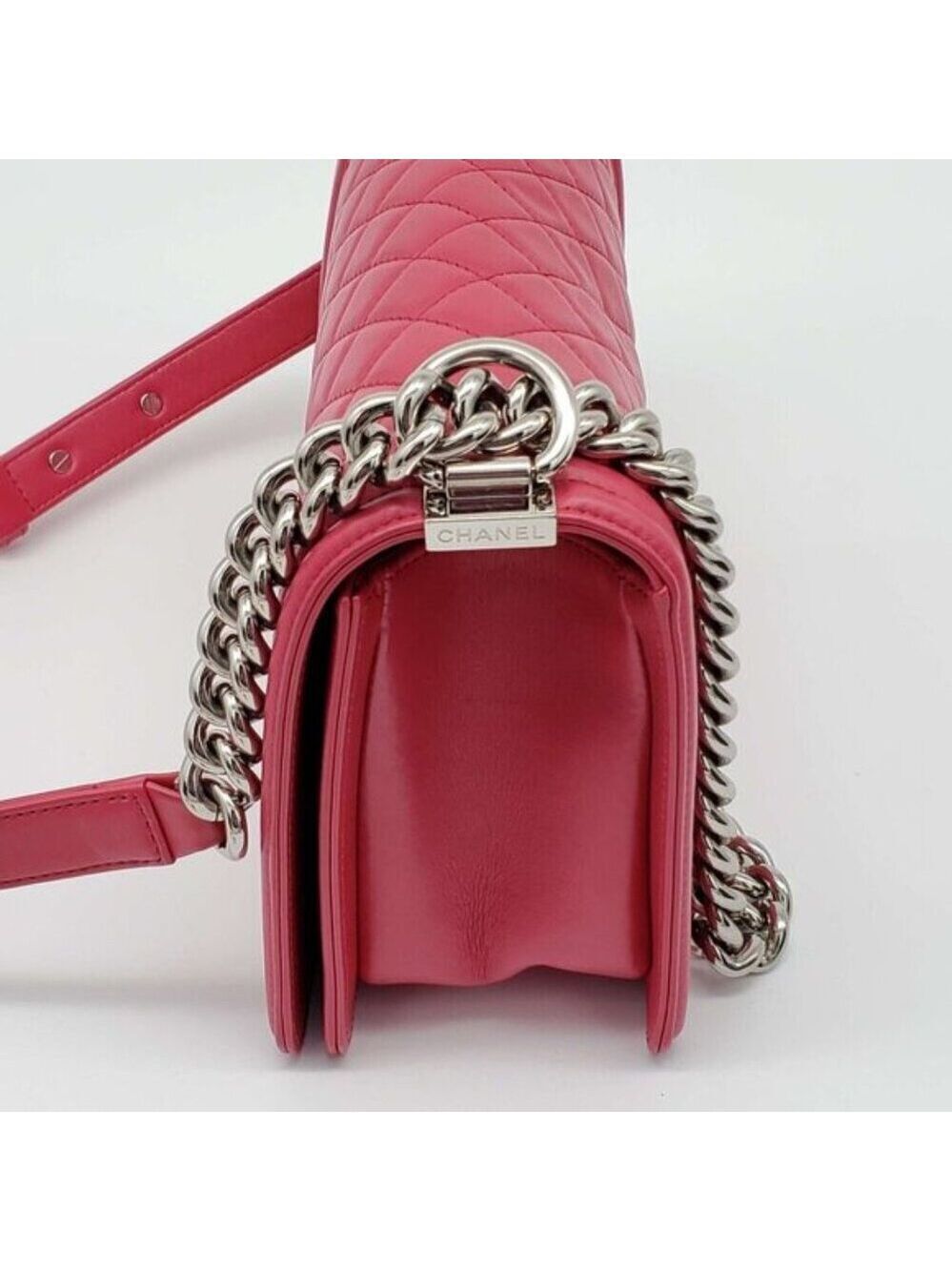 Authentic Chanel Boy Bag Red Quilted Leather Medium Flap Silver Chain CC Logo - Picture 6 of 16